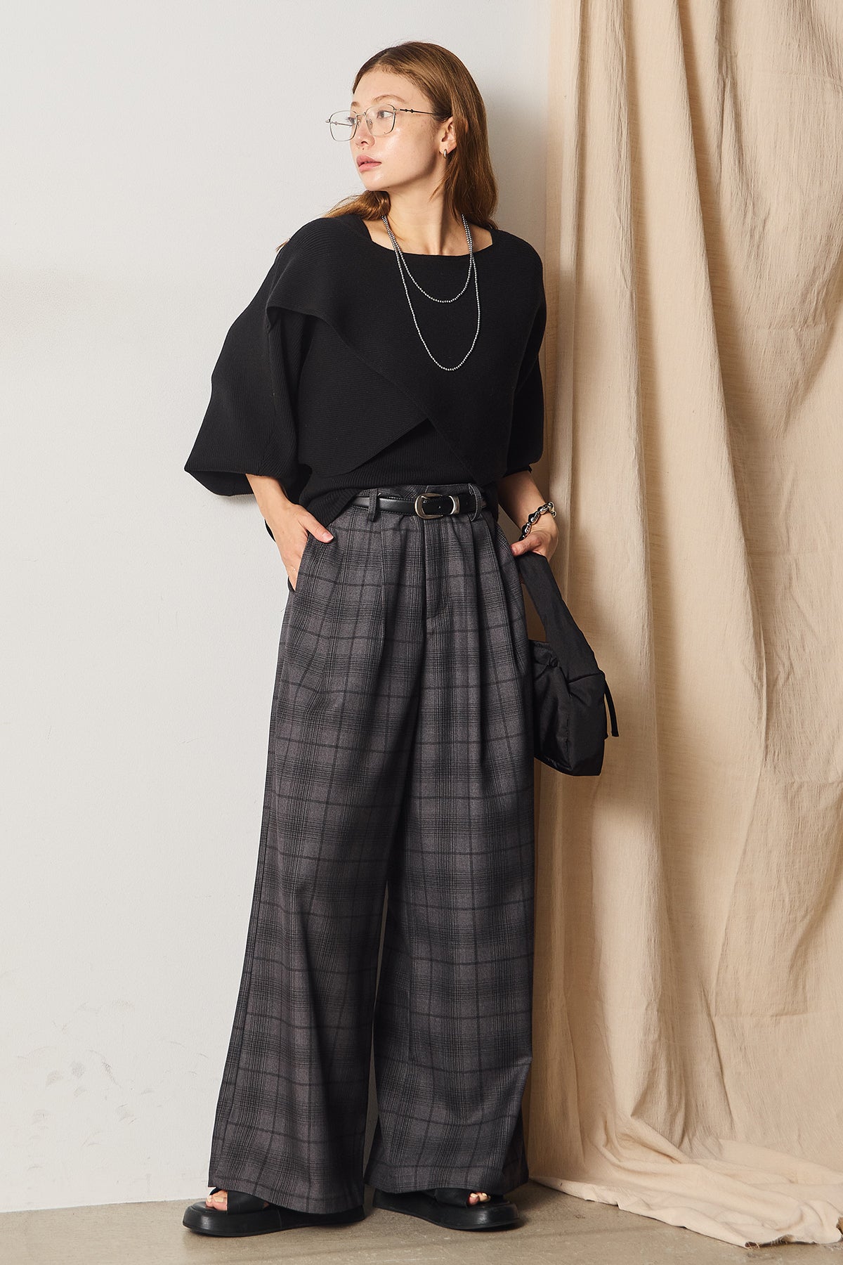 SET]タンク付きクロスデザインニットプルオーバー+タック入り