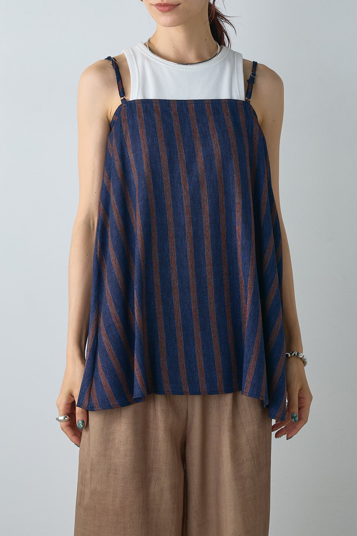 グレーとブラウンのストライプキャミソール セール】無地/ ストライプダブルジップビスチェキャミソール