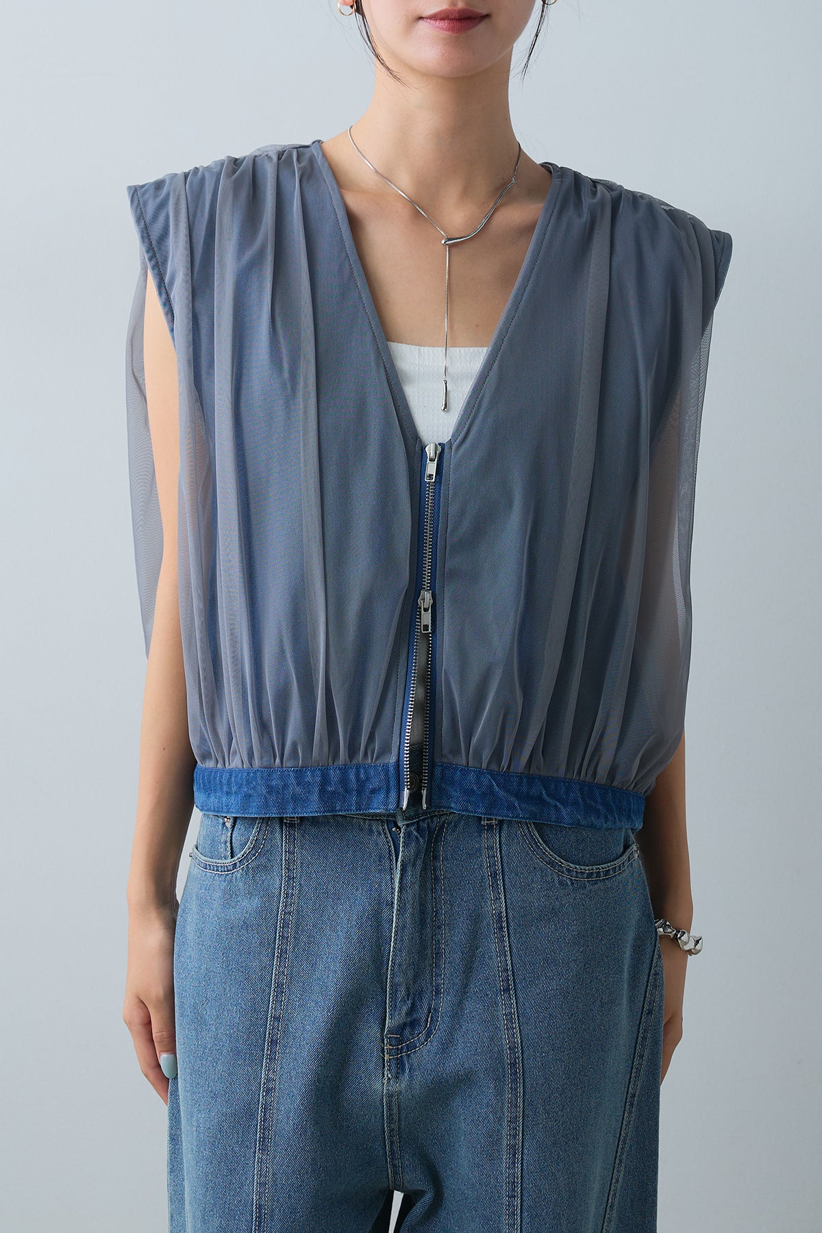 【美品】 45R ベスト デニム柄 止水ジップ ダブルジップ 内ポケット 3 a_tops_1_4663d293-4d0e-4447-