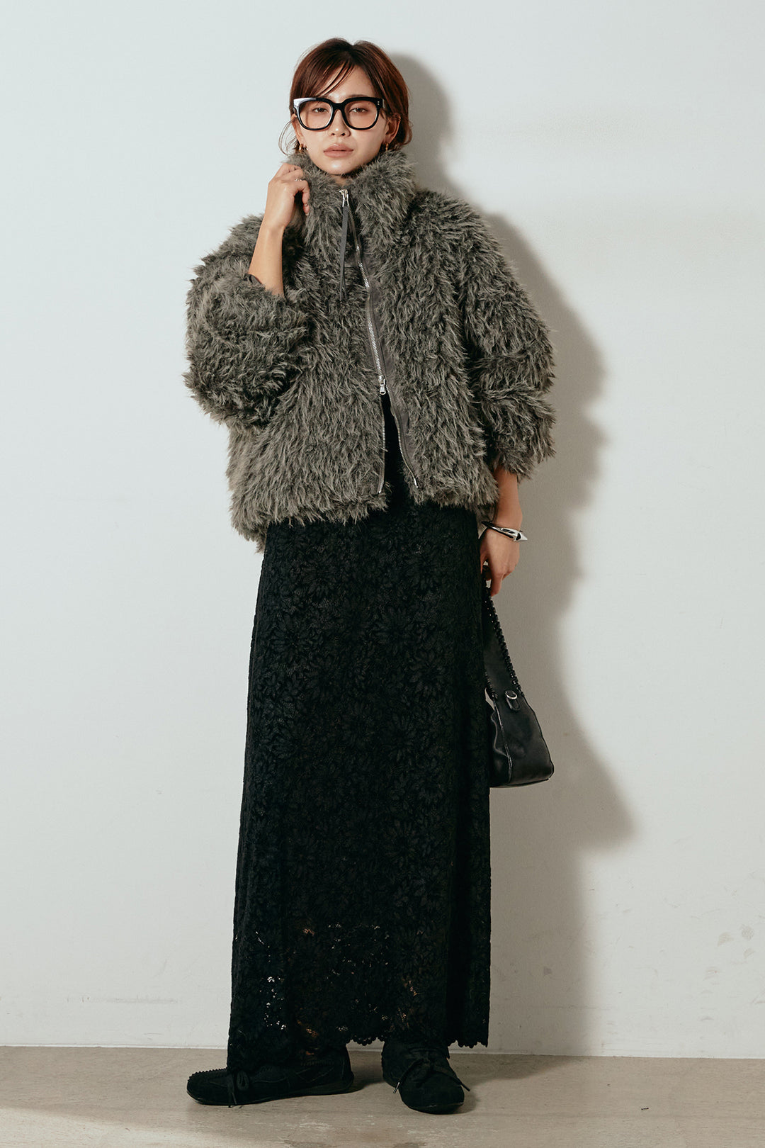 【着回しセット】[SET]ミックスシープファースタンドブルゾン+花柄刺繍ベロアフレアスカート+フェイクウールタックトラウザーズパンツ(3set)