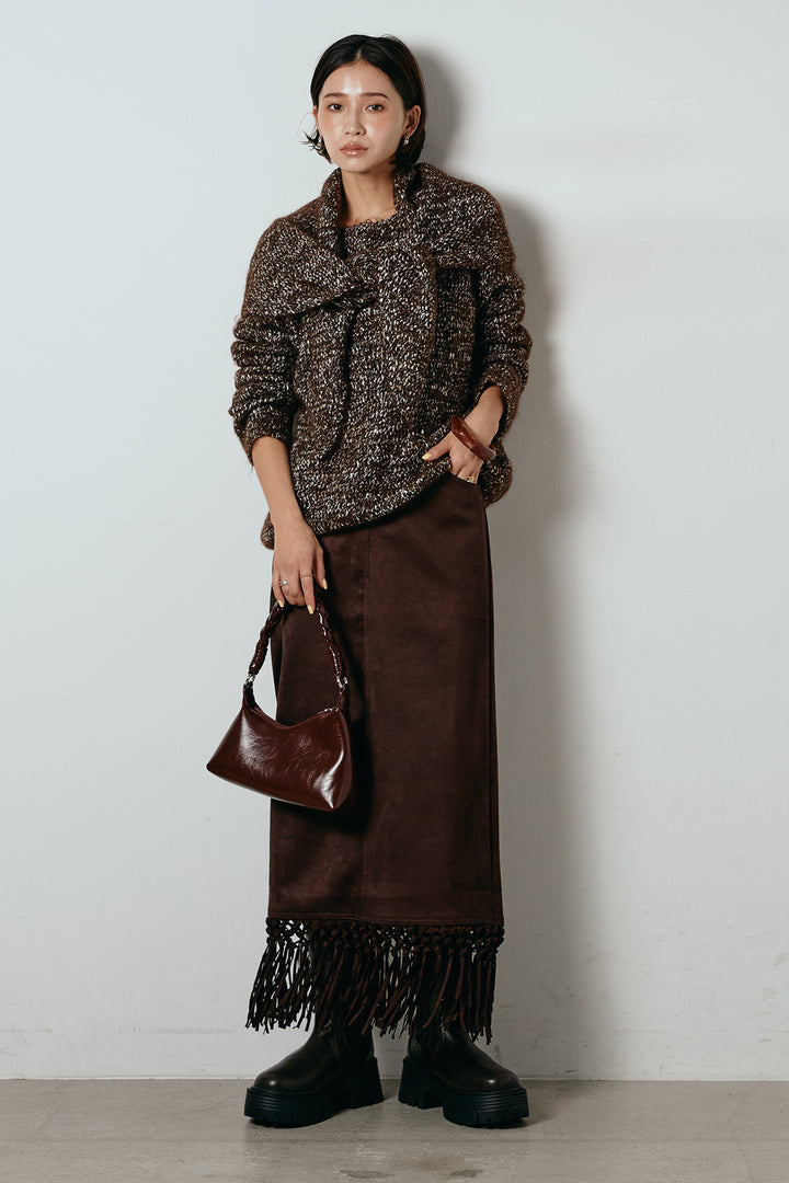 [SET]スカーフ付きミックスニットトップス+スウェードライク裾フリンジスカート(2set)