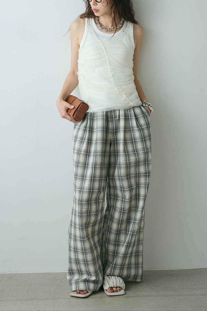 [SET]シャーリングシアータンクxリブタンクSET+タータンチェックワイドパンツ(2set)