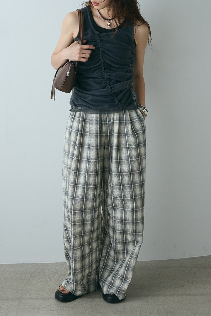 [SET]シャーリングシアータンクxリブタンクSET+タータンチェックワイドパンツ(2set)