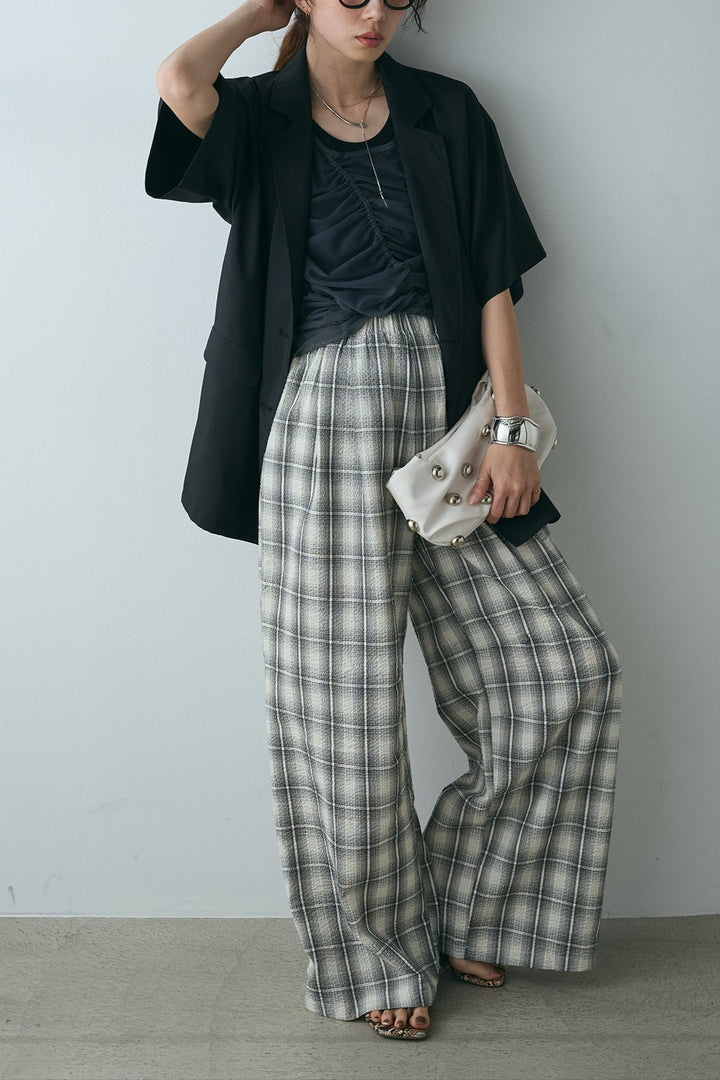 [SET]ヘザーエステルハーフスリーブジャケット+シャーリングシアータンクxリブタンクSET+タータンチェックワイドパンツ(3set)