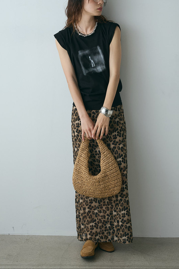 [SET]ぼかしプリントノースリーブTシャツ+レオパード柄ストレートスカート(2set)