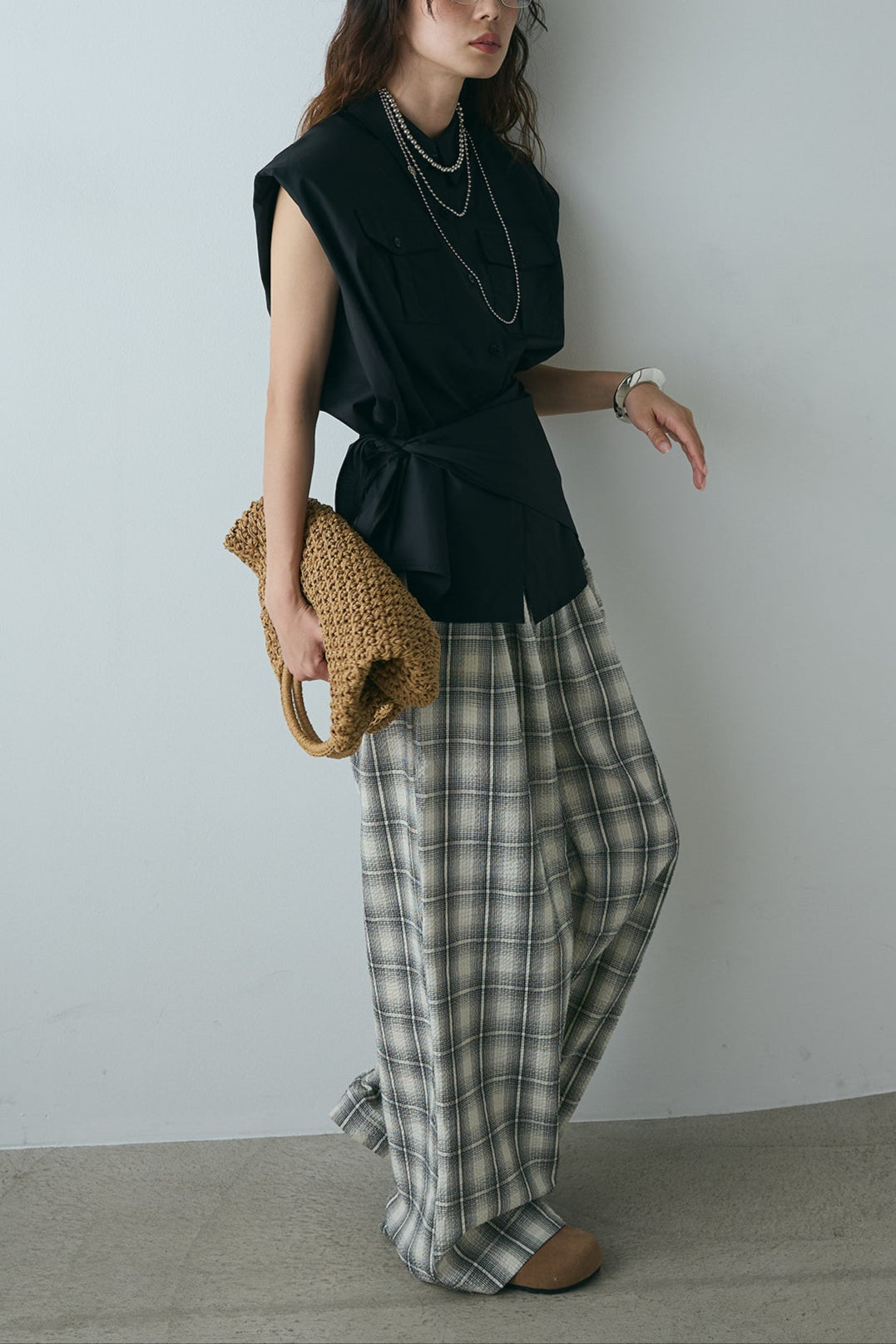 [SET]ウエスト巻きノースリーブシャツ+タータンチェックワイドパンツ(2set)