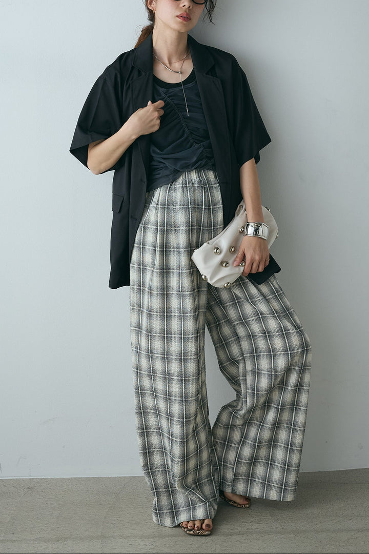 [SET]ヘザーエステルハーフスリーブジャケット+シャーリングシアータンクxリブタンクSET+タータンチェックワイドパンツ(3set)