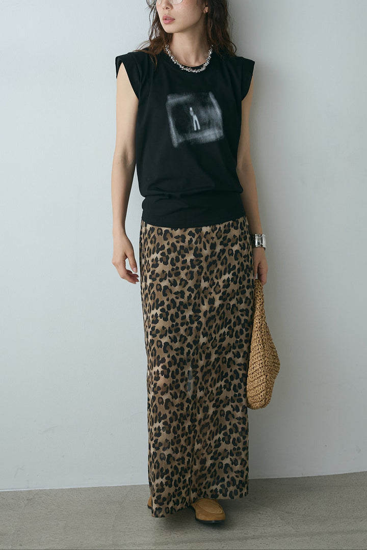 [SET]ぼかしプリントノースリーブTシャツ+レオパード柄ストレートスカート(2set)