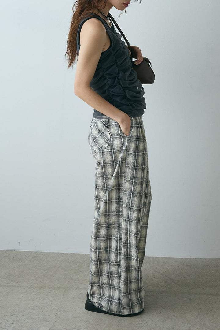[SET]シャーリングシアータンクxリブタンクSET+タータンチェックワイドパンツ(2set)