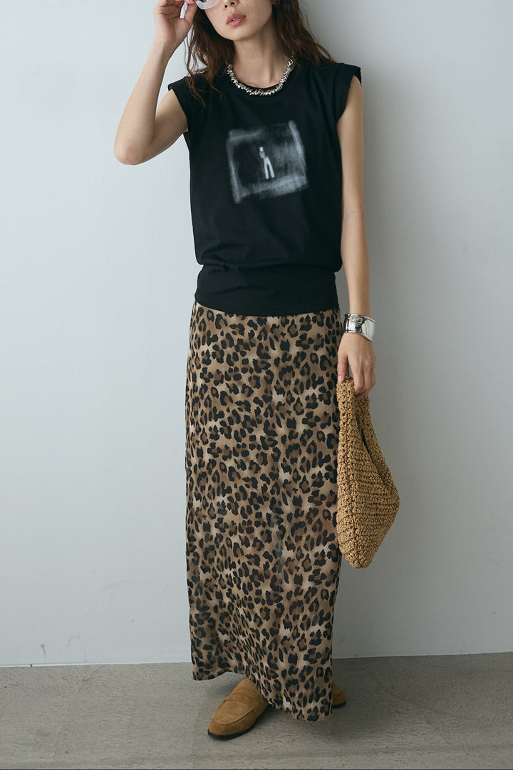 [SET]ぼかしプリントノースリーブTシャツ+レオパード柄ストレートスカート(2set)