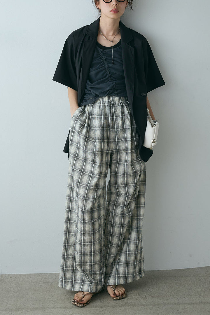 [SET]ヘザーエステルハーフスリーブジャケット+シャーリングシアータンクxリブタンクSET+タータンチェックワイドパンツ(3set)