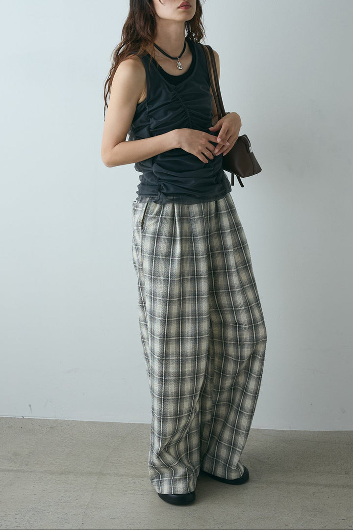 [SET]シャーリングシアータンクxリブタンクSET+タータンチェックワイドパンツ(2set)