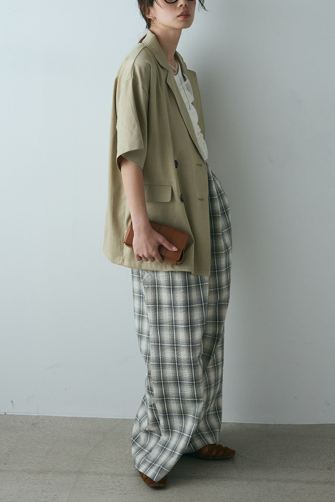 [SET]ヘザーエステルハーフスリーブジャケット+シャーリングシアータンクxリブタンクSET+タータンチェックワイドパンツ(3set)