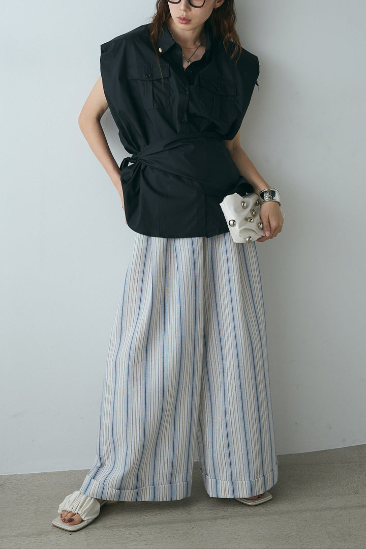 [SET]ウエスト巻きノースリーブシャツ+バッグ付きマルチストライプパンツ(2set)