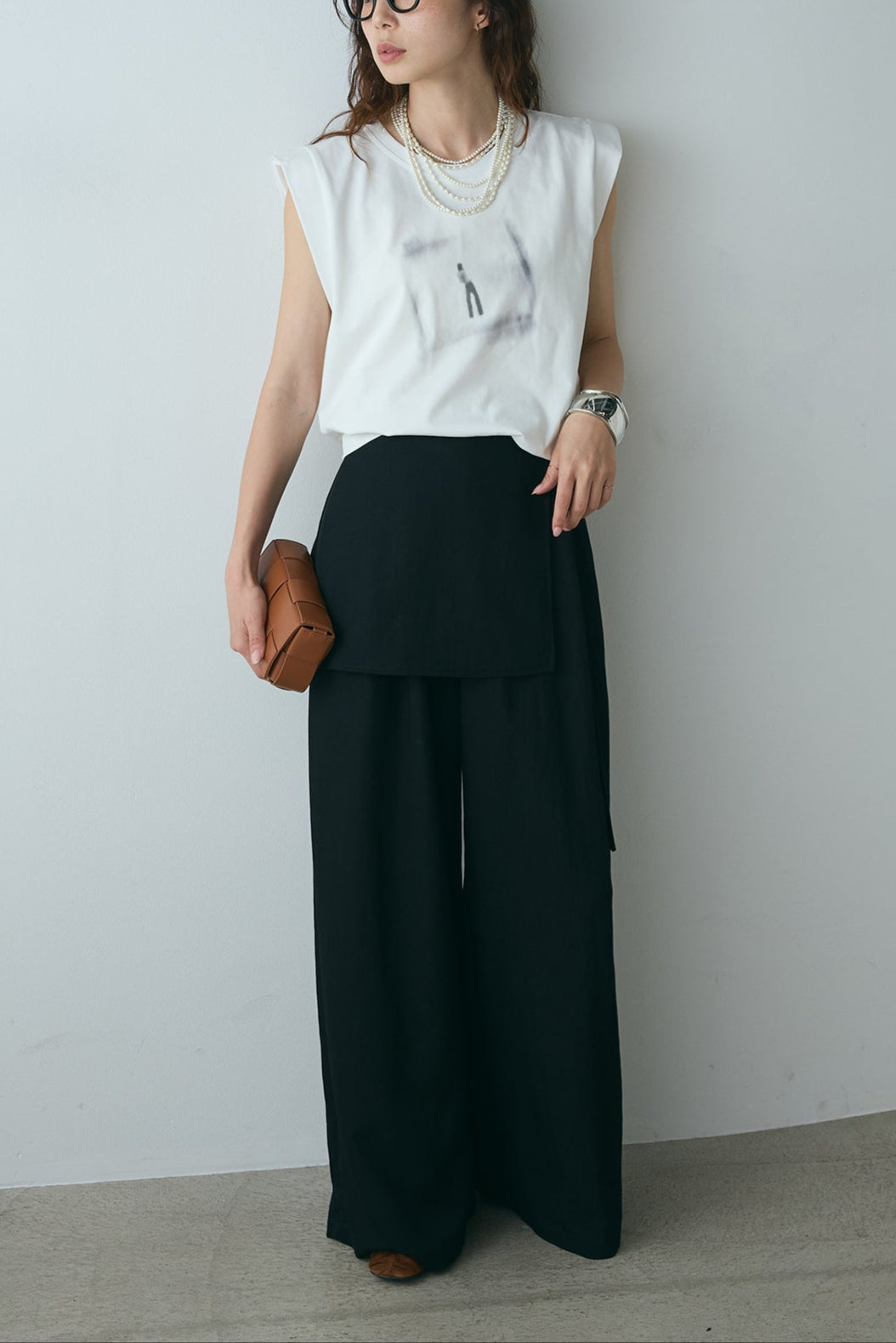 [SET]ぼかしプリントノースリーブTシャツ+ウエストレイヤードスカートパンツ(2set)