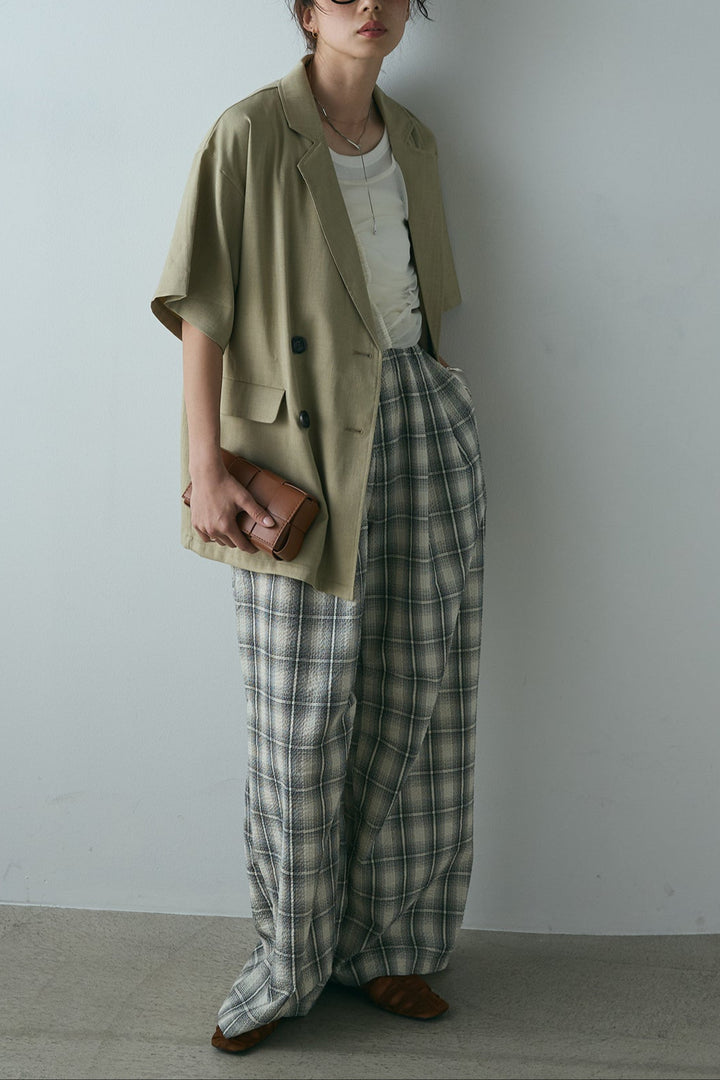 [SET]ヘザーエステルハーフスリーブジャケット+シャーリングシアータンクxリブタンクSET+タータンチェックワイドパンツ(3set)