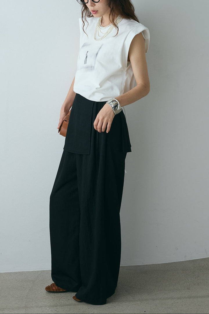 [SET]ぼかしプリントノースリーブTシャツ+ウエストレイヤードスカートパンツ(2set)