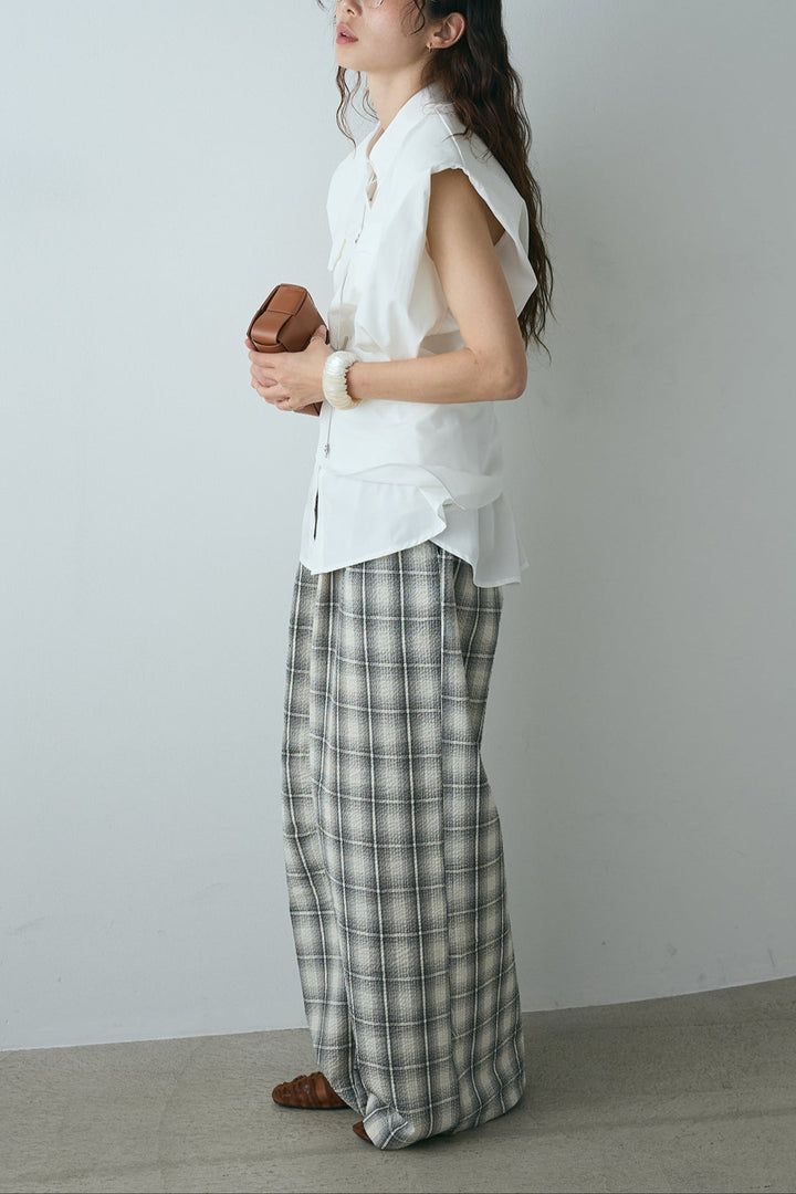[SET]ウエスト巻きノースリーブシャツ+タータンチェックワイドパンツ(2set)