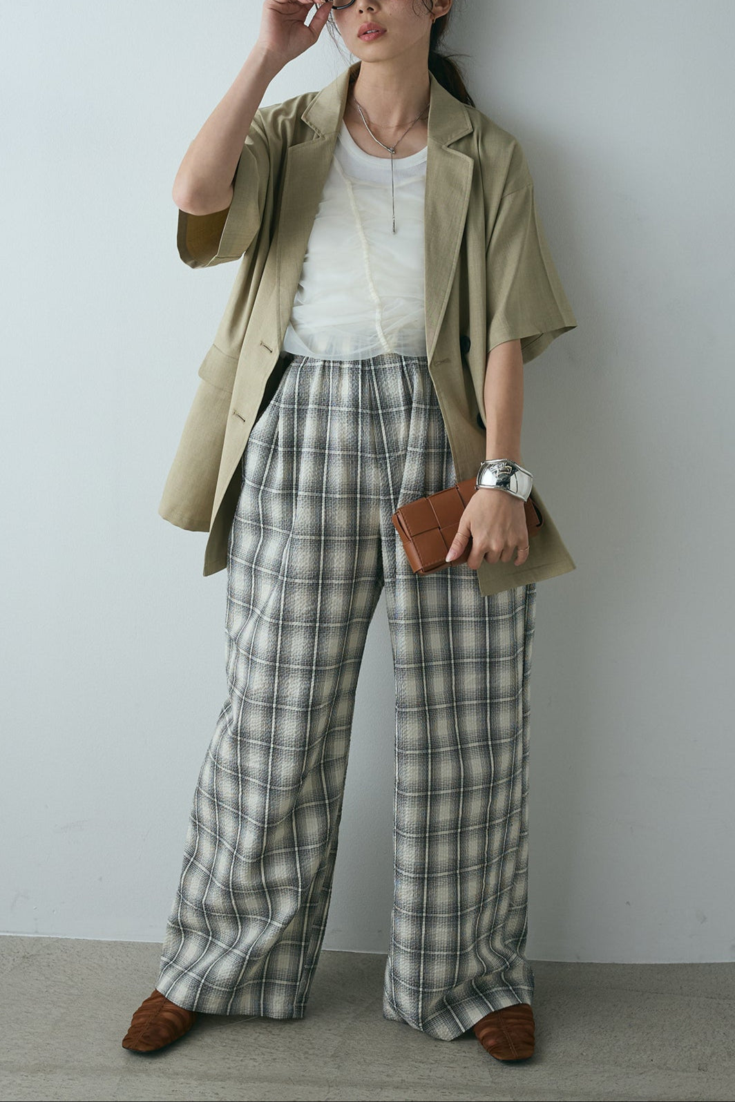 [SET]ヘザーエステルハーフスリーブジャケット+タータンチェックワイドパンツ(2set)