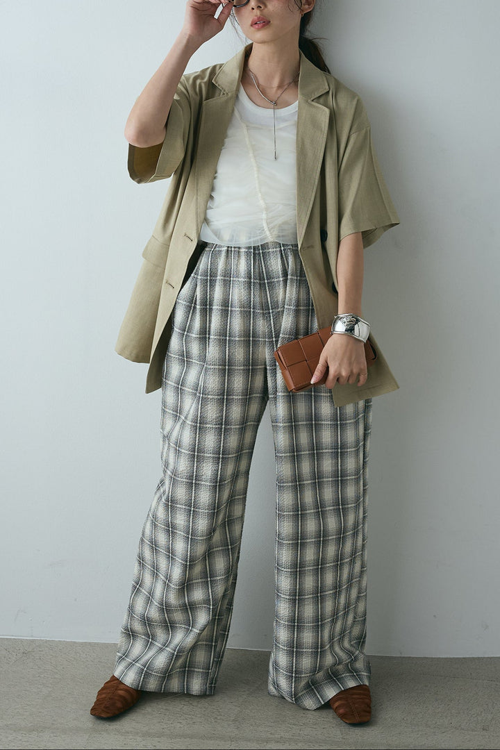 [SET]ヘザーエステルハーフスリーブジャケット+シャーリングシアータンクxリブタンクSET+タータンチェックワイドパンツ(3set)