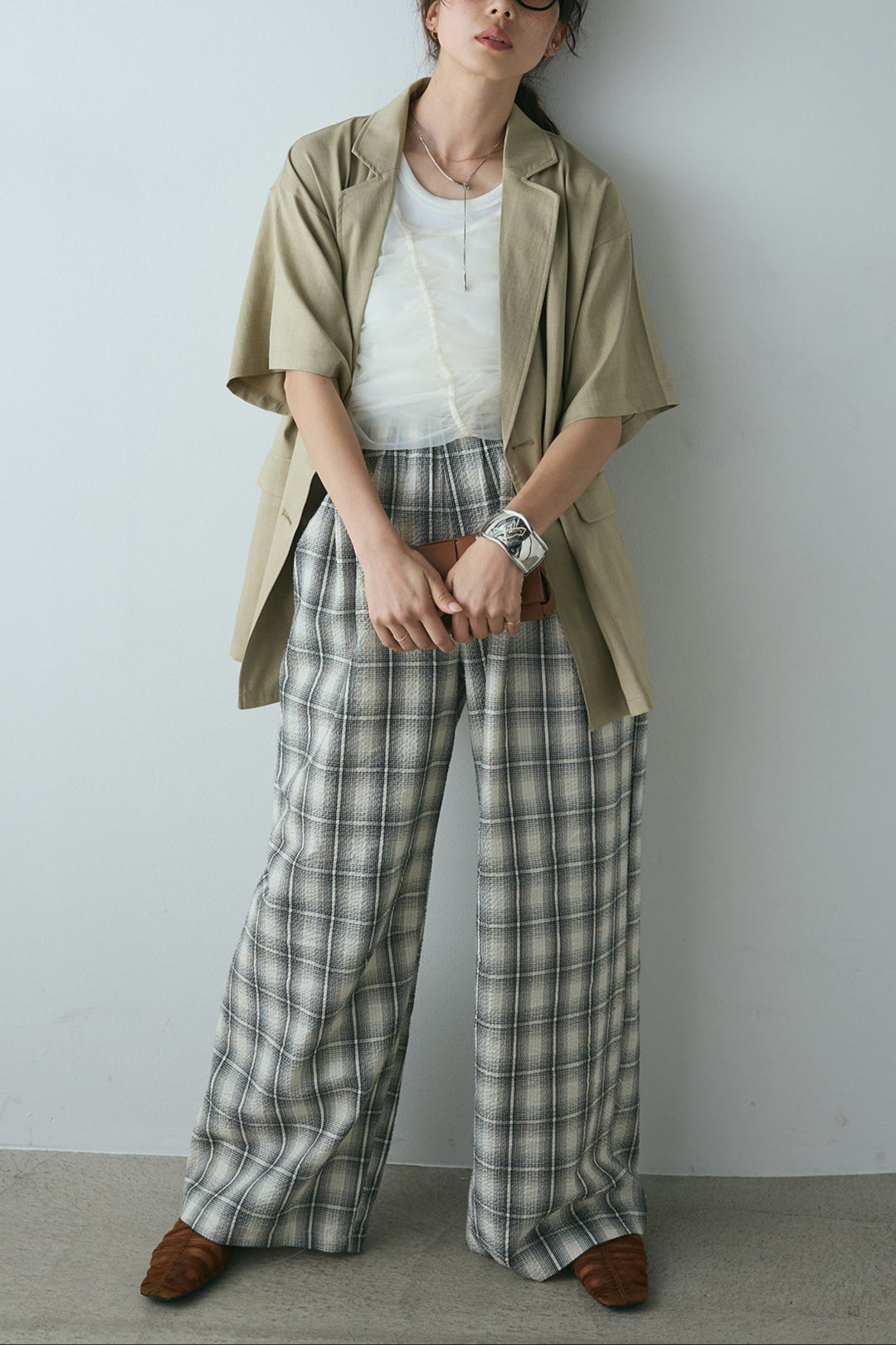 [SET]ヘザーエステルハーフスリーブジャケット+タータンチェックワイドパンツ(2set)