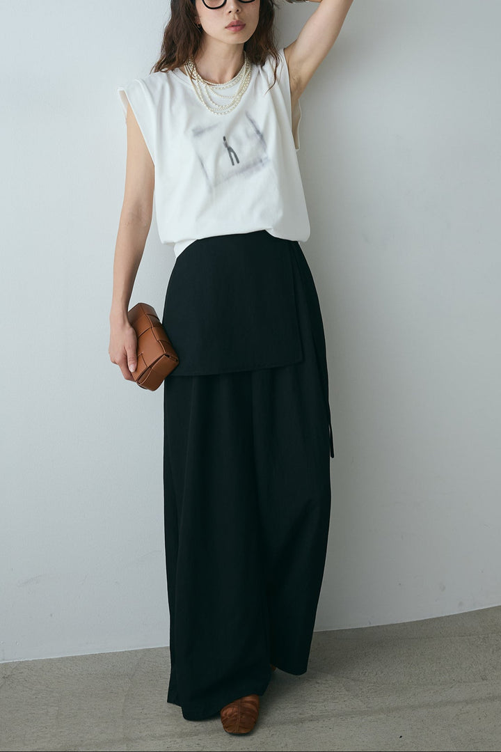 [SET]ぼかしプリントノースリーブTシャツ+ウエストレイヤードスカートパンツ(2set)