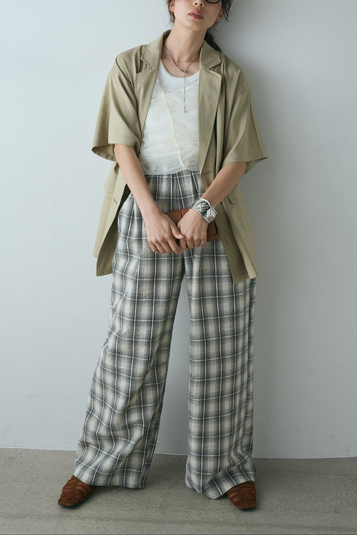 [SET]ヘザーエステルハーフスリーブジャケット+シャーリングシアータンクxリブタンクSET+タータンチェックワイドパンツ(3set)