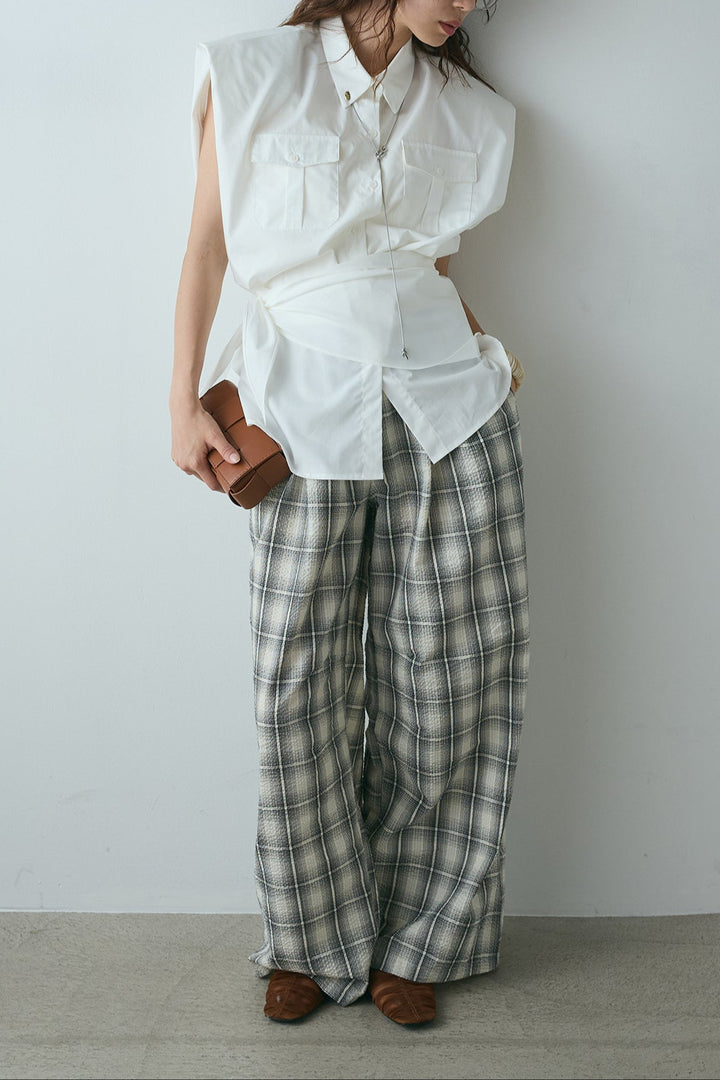 [SET]ウエスト巻きノースリーブシャツ+タータンチェックワイドパンツ(2set)