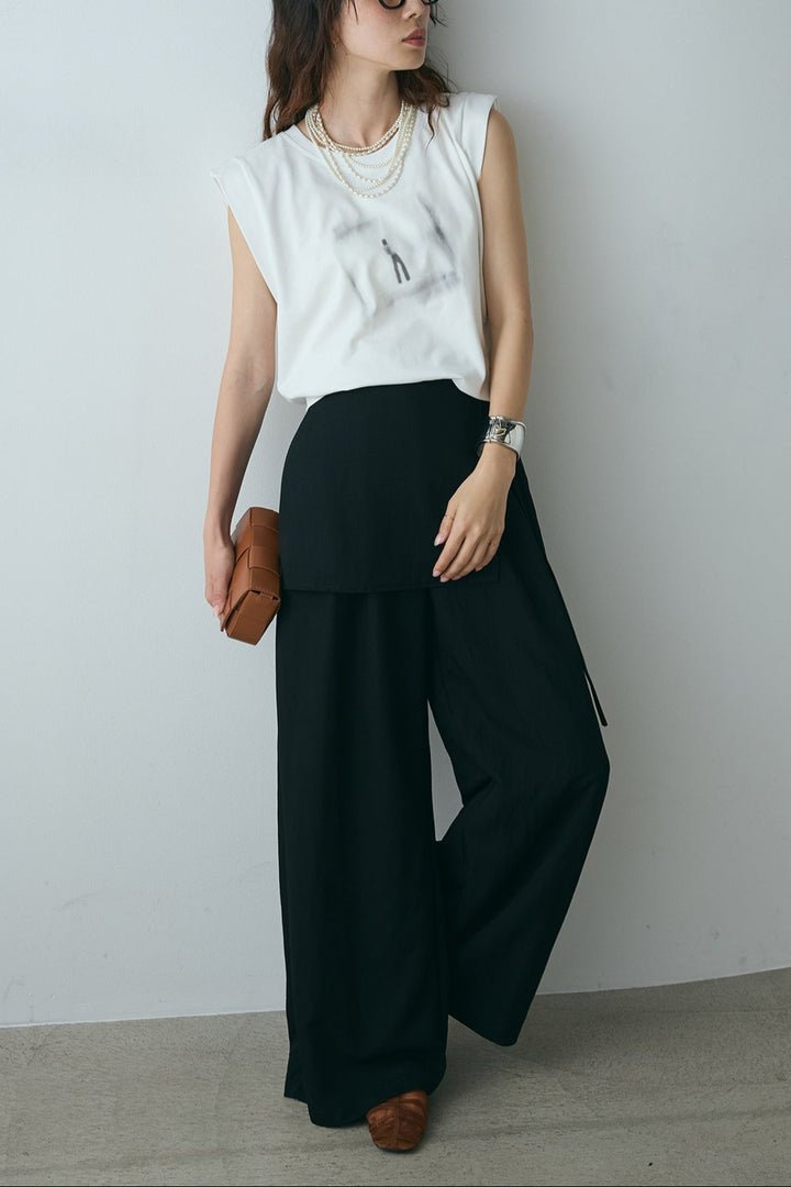 [SET]ぼかしプリントノースリーブTシャツ+ウエストレイヤードスカートパンツ(2set)