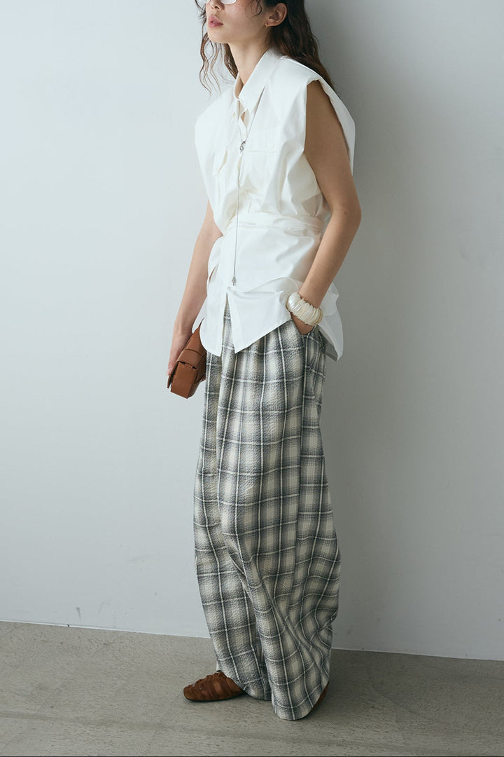 [SET]ウエスト巻きノースリーブシャツ+タータンチェックワイドパンツ(2set)