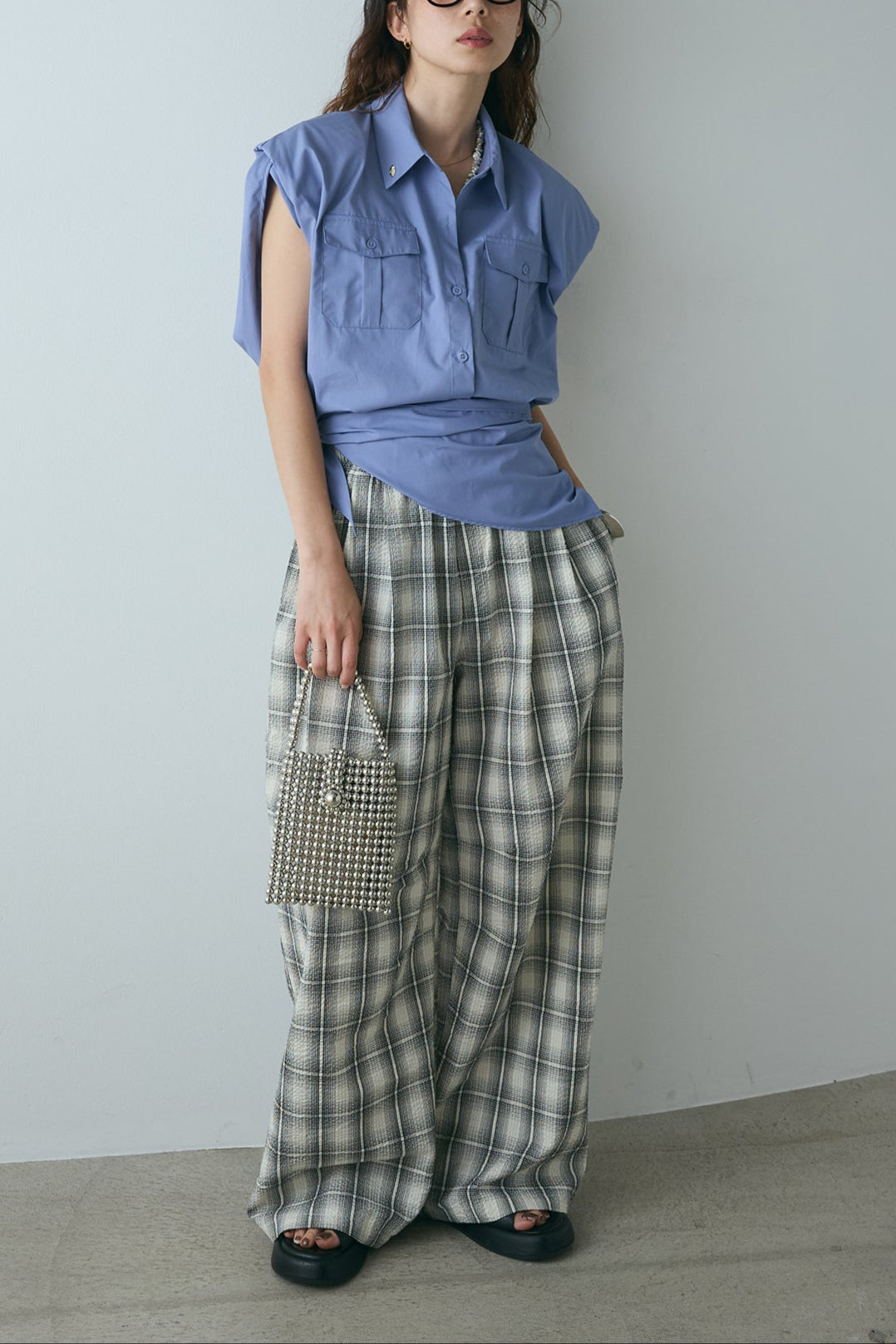 [SET]ウエスト巻きノースリーブシャツ+タータンチェックワイドパンツ(2set)