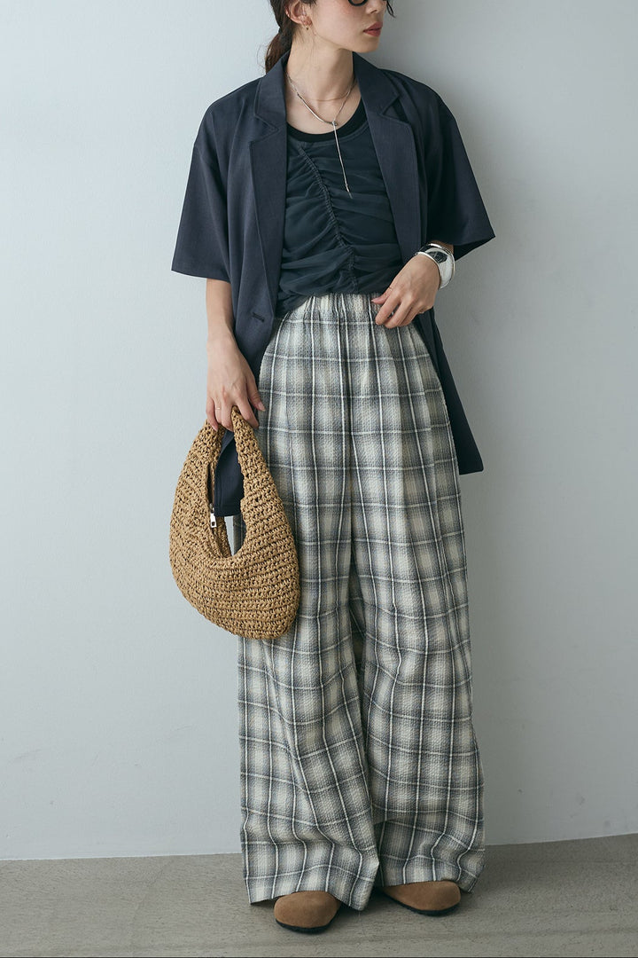 [SET]ヘザーエステルハーフスリーブジャケット+シャーリングシアータンクxリブタンクSET+タータンチェックワイドパンツ(3set)