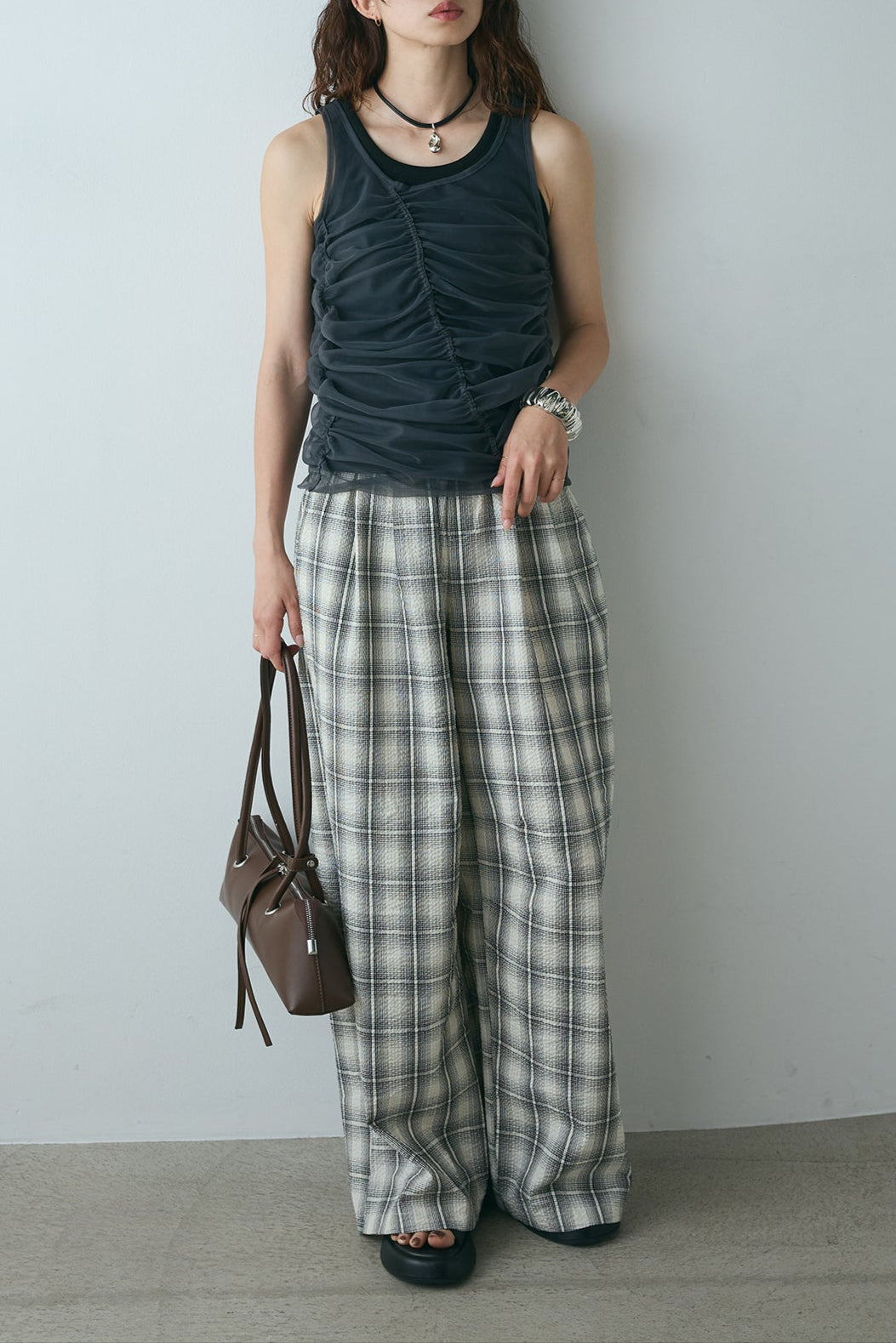 [SET]シャーリングシアータンクxリブタンクSET+タータンチェックワイドパンツ(2set)