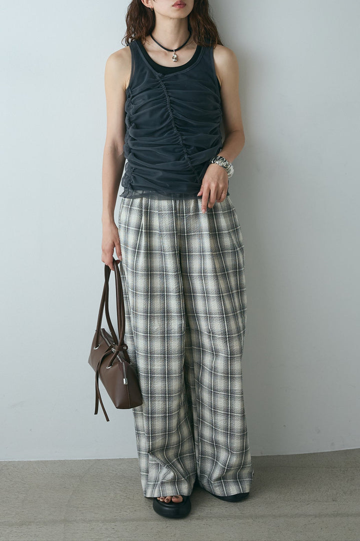 [SET]シャーリングシアータンクxリブタンクSET+タータンチェックワイドパンツ(2set)