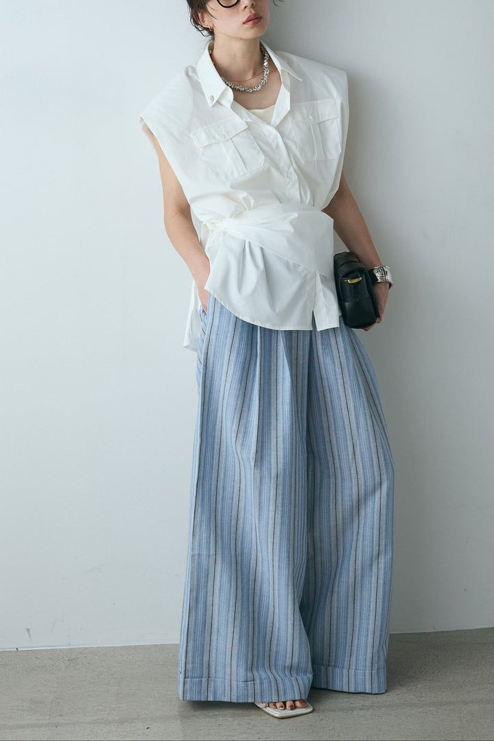 [SET]ウエスト巻きノースリーブシャツ+バッグ付きマルチストライプパンツ(2set)
