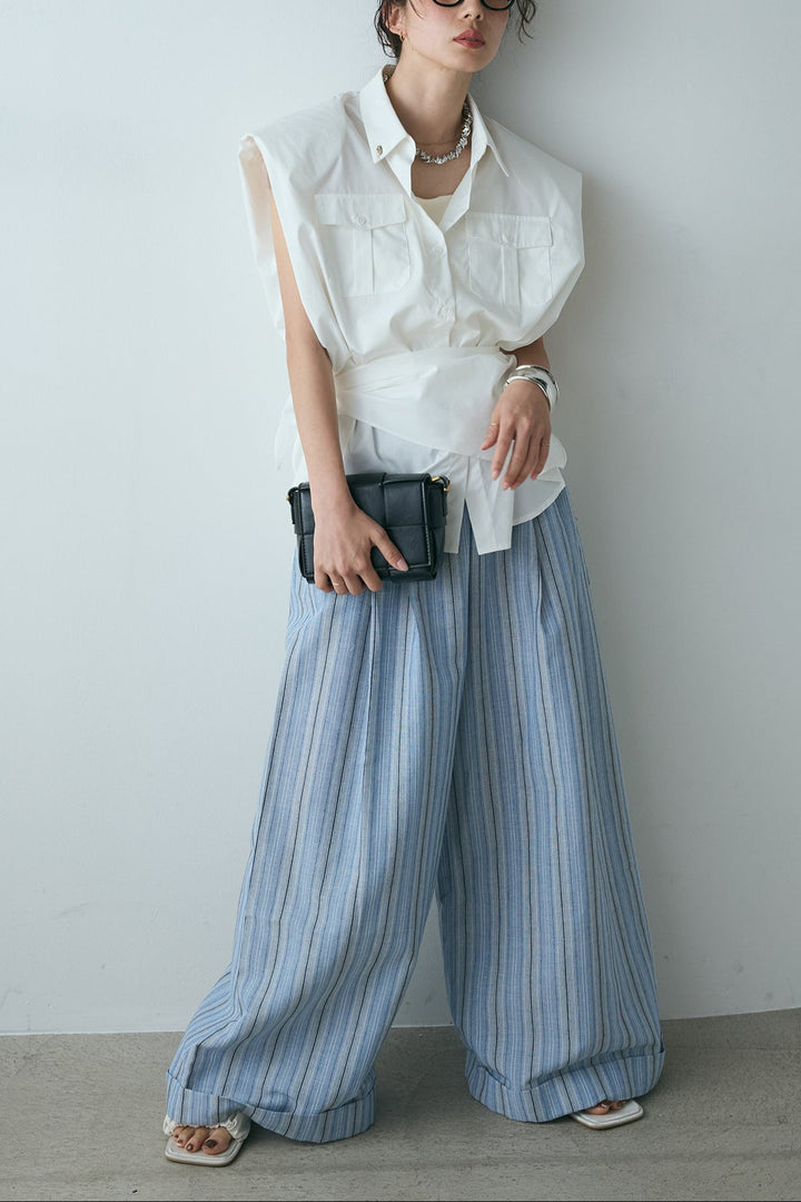 [SET]ウエスト巻きノースリーブシャツ+バッグ付きマルチストライプパンツ(2set)
