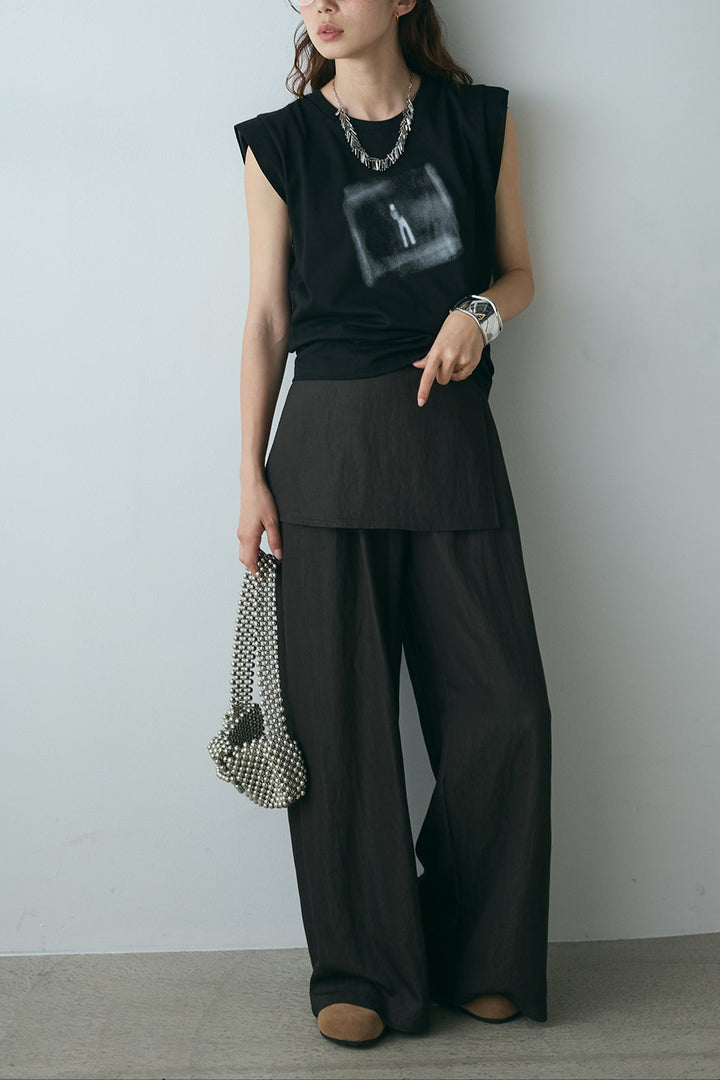 [SET]ぼかしプリントノースリーブTシャツ+ウエストレイヤードスカートパンツ(2set)