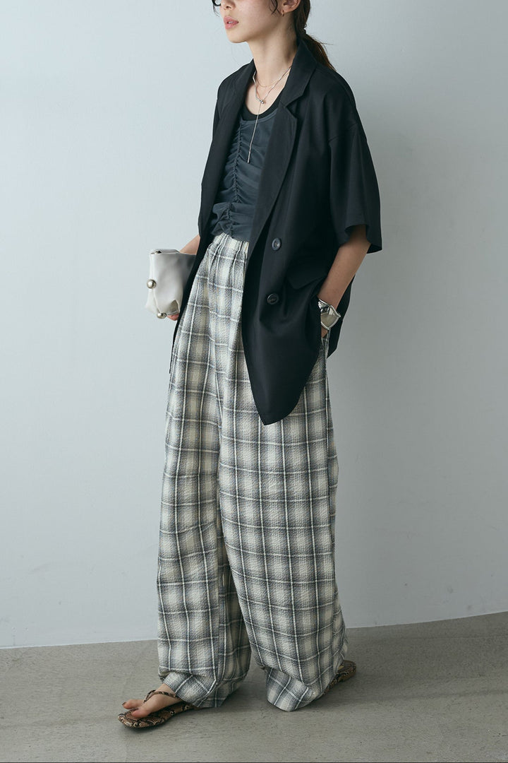 [SET]ヘザーエステルハーフスリーブジャケット+シャーリングシアータンクxリブタンクSET+タータンチェックワイドパンツ(3set)