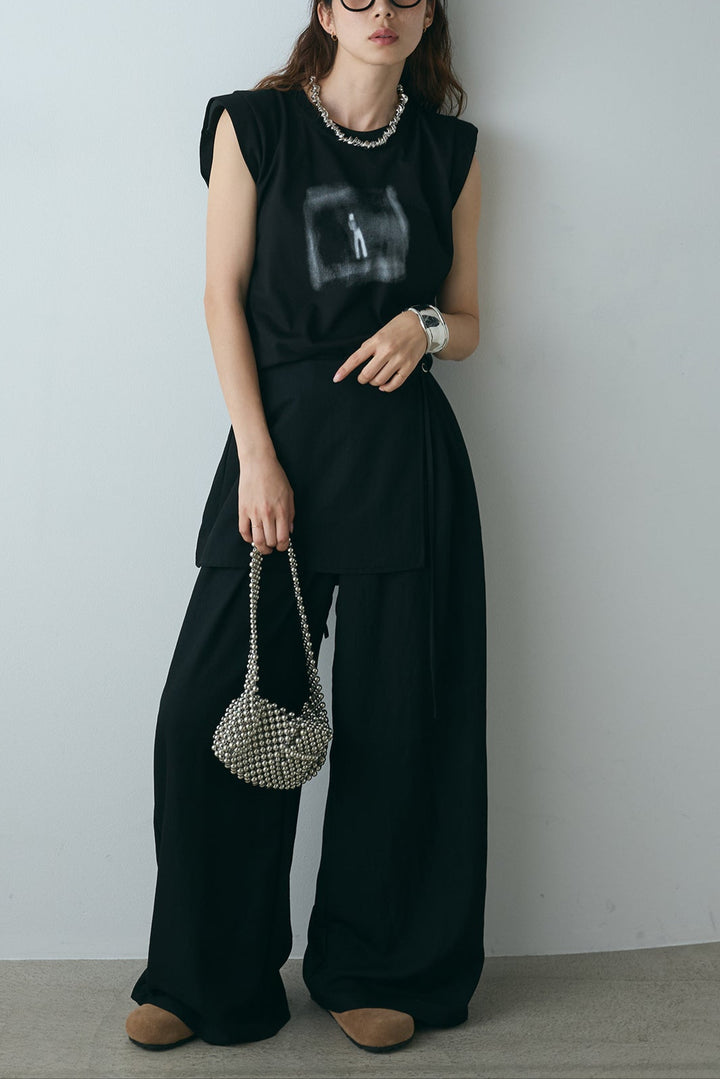 [SET]ぼかしプリントノースリーブTシャツ+ウエストレイヤードスカートパンツ(2set)