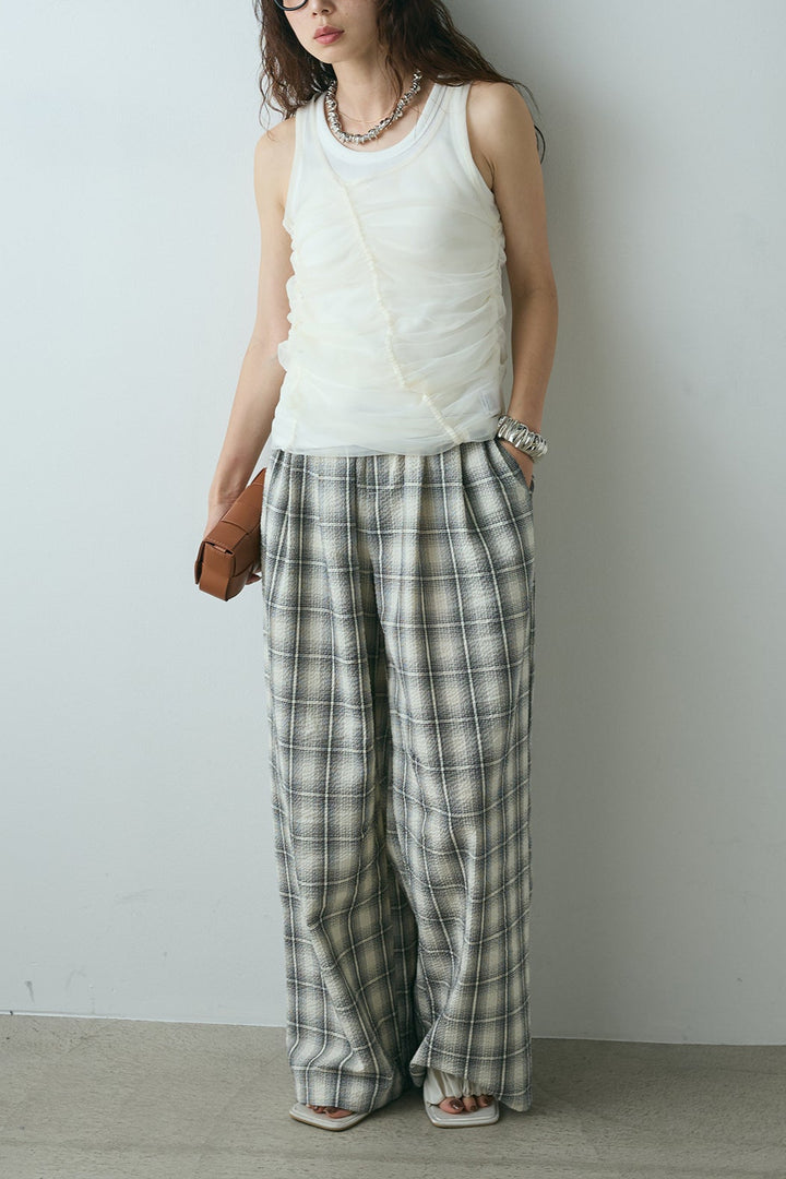 [SET]シャーリングシアータンクxリブタンクSET+タータンチェックワイドパンツ(2set)