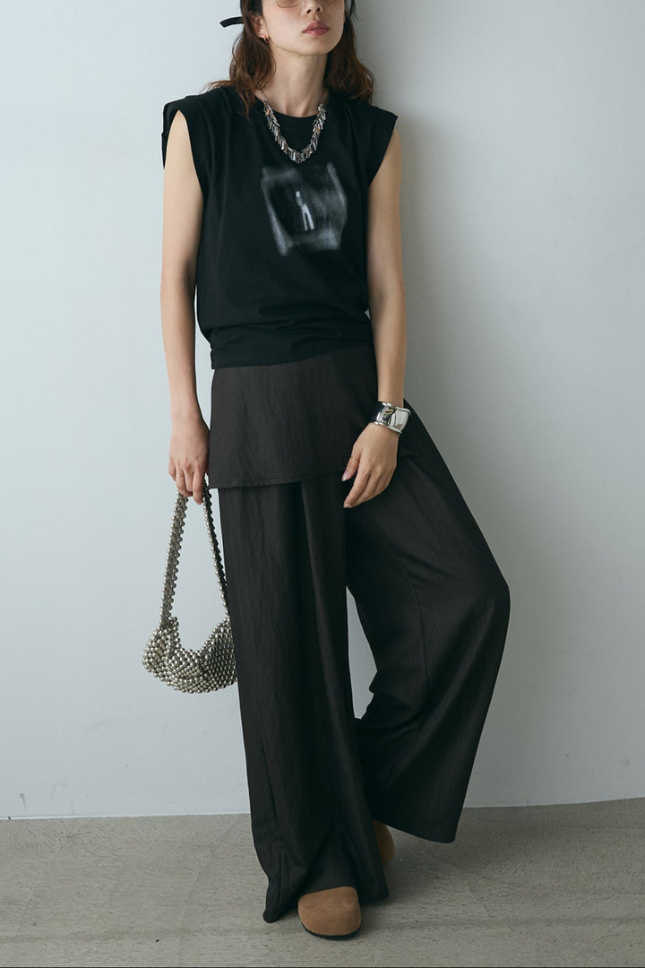 [SET]ぼかしプリントノースリーブTシャツ+ウエストレイヤードスカートパンツ(2set)