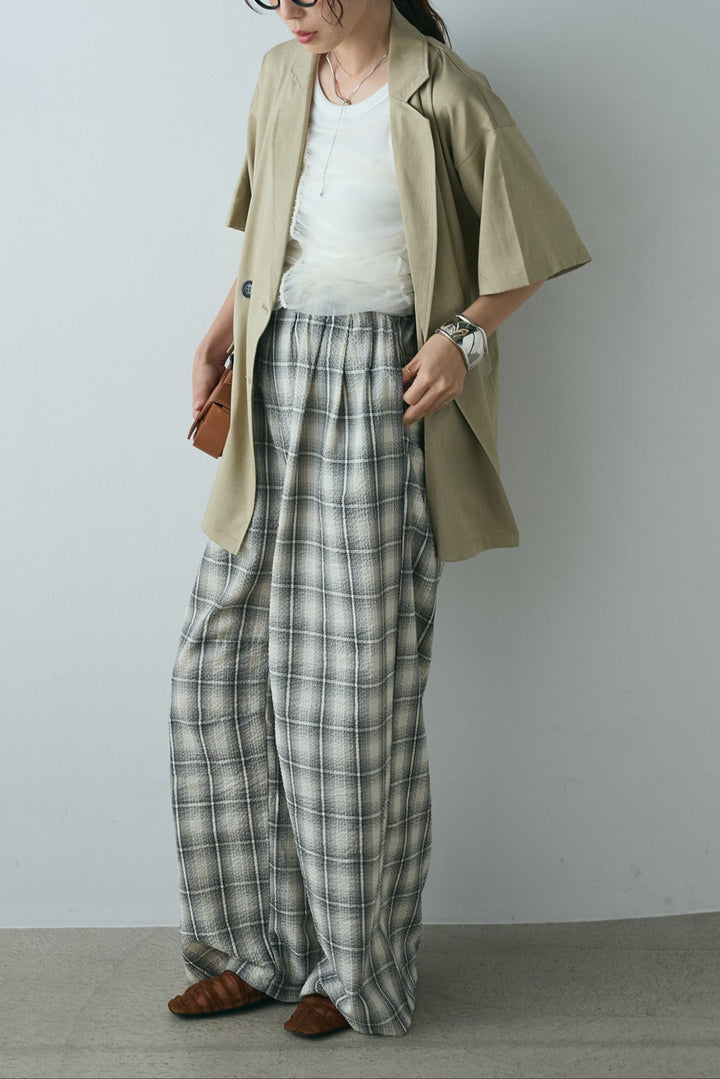 [SET]ヘザーエステルハーフスリーブジャケット+シャーリングシアータンクxリブタンクSET+タータンチェックワイドパンツ(3set)