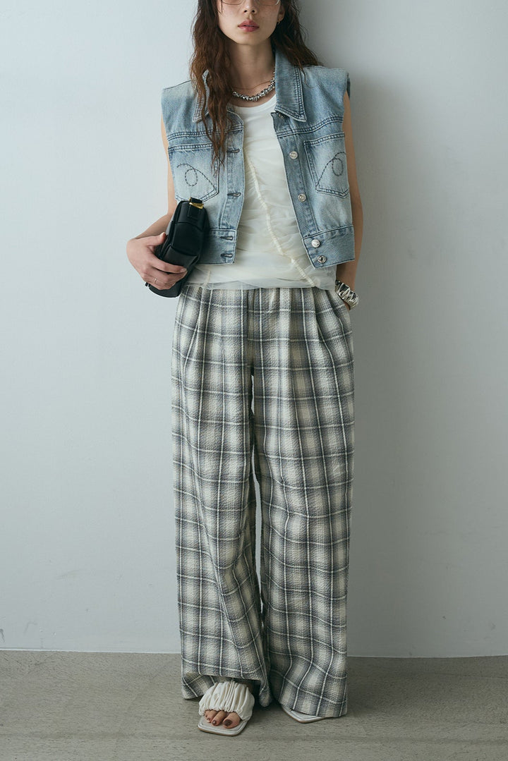 [SET]コンパクトデニムベスト+シャーリングシアータンクxリブタンクSET+タータンチェックワイドパンツ(3set)