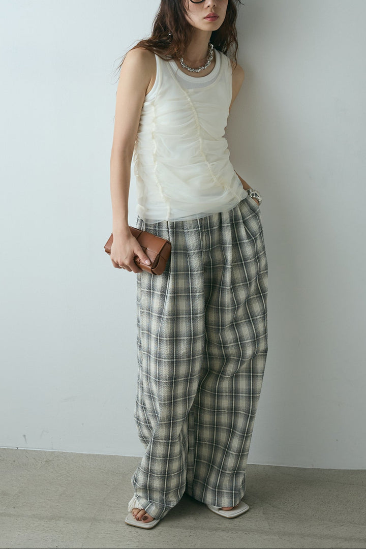 [SET]シャーリングシアータンクxリブタンクSET+タータンチェックワイドパンツ(2set)