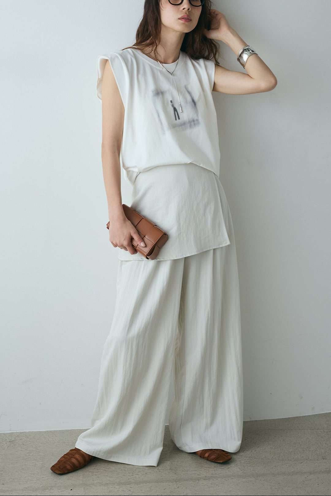 [SET]ぼかしプリントノースリーブTシャツ+ウエストレイヤードスカートパンツ(2set)
