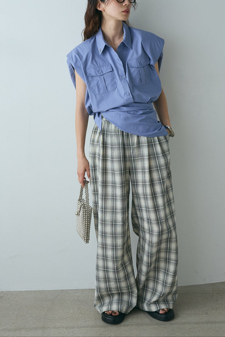 [SET]ウエスト巻きノースリーブシャツ+タータンチェックワイドパンツ(2set)