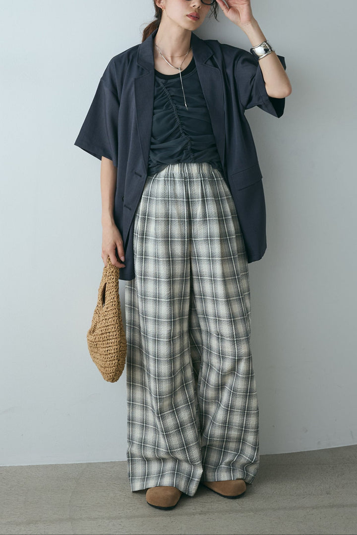 [SET]ヘザーエステルハーフスリーブジャケット+シャーリングシアータンクxリブタンクSET+タータンチェックワイドパンツ(3set)