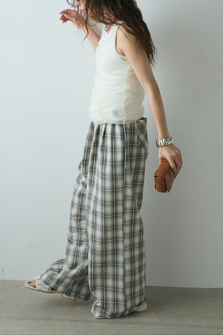 [SET]シャーリングシアータンクxリブタンクSET+タータンチェックワイドパンツ(2set)