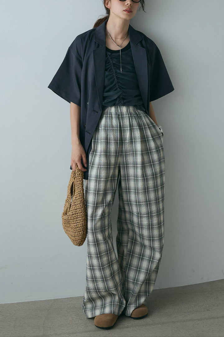[SET]ヘザーエステルハーフスリーブジャケット+シャーリングシアータンクxリブタンクSET+タータンチェックワイドパンツ(3set)