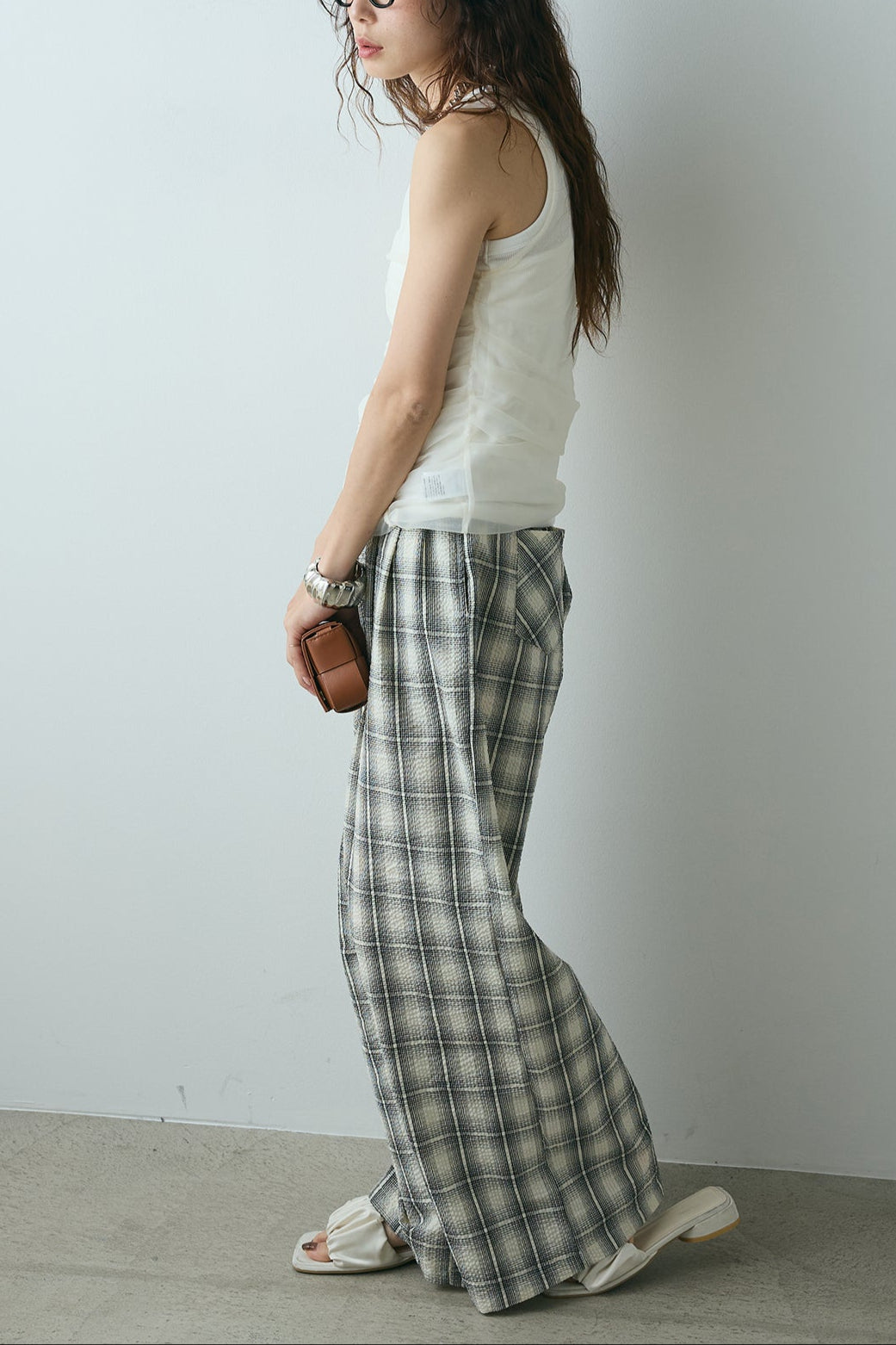 [SET]シャーリングシアータンクxリブタンクSET+タータンチェックワイドパンツ(2set)